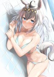 absurdres ahoge animal_ears bikini blue_eyes breasts cleavage female female grey_hair highres horse_ears horse_tail long_hair lying nagisa_(imizogami) navel oguri_cap_(umamusume) on_side poolside swimsuit tail tile_floor tiles umamusume