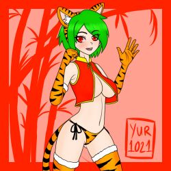 1girls female green_hair long_gloves red_eyes stockings tiger_ears tiger_print tiger_tail underboob year_of_the_tiger yur1021