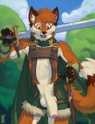 2022 alternate_version_at_source anthro balls big_balls big_penis canid canine clothing foreskin fox genitals hi_res humanoid_genitalia humanoid_penis male mammal melee_weapon penis sinsquared solo sword weapon