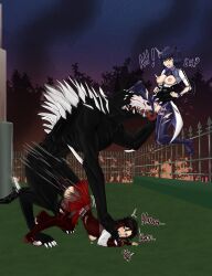 2022 2girls all_fours amaredeimus ass blake_belladonna breasts breasts_out carrying carrying_partner clothed_female clothed_sex crotchless cunnilingus defeated doggy_style dominant_feral dress female_human/male_feral female_on_feral femsub from_behind grimm_(rwby) huge_cock interspecies maledom monster monster_on_female nipples no_bra no_panties outdoors penis rape ripped_clothing ruby_rose rwby sex skirt sweat sweatdrop tagme the_hound_(rwby) torn_clothes vaginal_penetration zoophilia