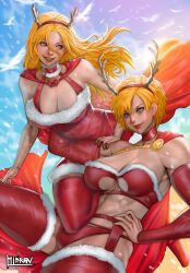 2girls antler_headband antlers big_breasts bikini bird blonde_female blonde_hair blue_eyes breasts cape christmas christmas_outfit cleavage dc dc_comics dress fake_antlers female female_only fur_trim hairband hand_on_own_hip hi_res hibren highres kara_danvers kara_zor-el karen_starr large_breasts light-skinned_female light_skin long_hair midriff multiple_girls muscular muscular_female navel power_girl red_bikini red_cape red_dress red_hairband red_legwear santa_suit short_hair signature supergirl superman_(series) swimsuit thick_thighs thighhighs underboob white_bird