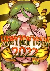 2022 belly bikini blush braided_hair cheryl_(pokemon) chubby chubby_female game_freak green_hair happy happy_new_year huge_breasts long_ears looking_at_viewer massive_breasts massive_thighs milf nekoyuu new_year ninja pokemon pokemon_dppt ponytail smile steam steaming_body sweat sweating sweaty_body tiger_ears tiger_print tiger_tail wide_hips year_of_the_tiger