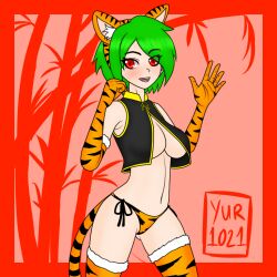 1girls female green_hair long_gloves red_eyes stockings tiger_ears tiger_print tiger_tail underboob year_of_the_tiger yur1021