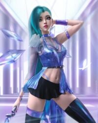 1girls 3d abs alternate_version_available armwear artist_name bare_midriff bare_thighs belly belly_button blue_eyes blue_hair choker female female_focus female_only highres k/da_all_out_seraphine k/da_all_out_series k/da_series league_of_legends midriff navel riot_games seraphine_(league_of_legends) short_skirt skirt small_breasts solo solo_focus therealzoh thighhighs thighs thong very_long_hair zoh