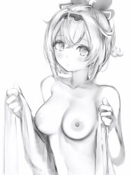 blush breasts female greyscale hair_bun hairband highres hololive hololive_japan holox kazama_iroha looking_at_viewer medium_breasts monochrome nanashi_(nlo) nipples nude parted_lips simple_background solo undressing upper_body virtual_youtuber white_background