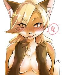 :p animal_ear_fluff animal_ears animal_nose anthro artist_name blonde_hair blush breast_squeeze breasts breasts_apart brown_eyes commentary_request eyebrows_visible_through_hair female fox fox's_sister_(kinokoningen) fox_ears fox_girl fox_tail fur furry furry_female heart highres kinokoningen large_breasts licking_lips no_humans nude original petite ponytail short_hair signature simple_background solo spoken_heart tail tongue tongue_out twitter_username upper_body white_background yellow_eyes yellow_fur