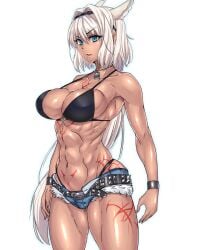 animal_ears bangs belt bikini blue_eyes bra breasts caenis_(fate) cleavage collarbone cowboy_shot cutoffs dark-skinned_female dark_skin denim denim_shorts dog_tags eyebrows_visible_through_hair fate/grand_order fate_(series) female hair_intakes hairband highleg highleg_bikini highleg_panties jewelry large_breasts long_hair multi_ear muscular muscular_female navel necklace open_mouth panties short_shorts shorts sidelocks skindentation solo standing studded_belt swimsuit tattoo tomliat underwear white_hair wristband