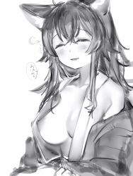 animal_ears bathrobe blush breasts closed_eyes facing_viewer female greyscale highres hololive hololive_gamers hololive_japan large_breasts long_hair monochrome nanashi_(nlo) nipple_slip nipples ookami_mio simple_background smile solo virtual_youtuber white_background wolf_ears