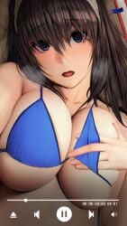 1girls 2022 alternate_version_available bikini blue_bikini blue_eyes blush breasts brown_hair female female_only hand_on_breast huge_breasts idolmaster idolmaster_cinderella_girls long_hair lying_on_back mole mole_on_breast open_mouth rak_(kuraga) recording sagisawa_fumika