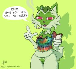 2022 4_fingers anthro anthrofied bottomless burrito cel_shading clothed clothing dialogue digital_drawing_(artwork) digital_media_(artwork) drugs english_text felid feline female fingers food fur furry furry_only genitals green_background green_body green_fur green_hair green_pussy green_theme hair hi_res holding_food holding_object looking_at_viewer mammal marijuana marijuana_blunt multicolored_clothing multicolored_shirt multicolored_topwear nintendo pokémon_(species) pokemon pokemon_sv pussy red_eyes shaded shirt signature simple_background smoking_weed solo sprigatito t-shirt tail text tie-dye toony topwear video_games zigmenthotep