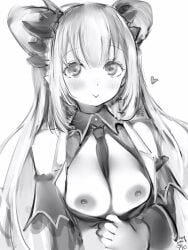 bare_shoulders between_breasts blush breasts breasts_out clothes_pull dated detached_sleeves double_bun female flashing greyscale heart highres honey_strap horns long_sleeves looking_at_viewer medium_breasts monochrome nanashi_(nlo) nanashi_inc. necktie necktie_between_breasts nipples shirt_pull simple_background smile solo suou_patra virtual_youtuber white_background