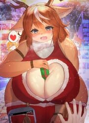 3girls anthro bending_forward blue_eyes blush brown_fur brown_hair caught_in_the_act christmas cute cute_fang female gift_box heart huge_breasts kakuteki11029 leotard looking_at_viewer massive_thighs object_between_breasts original_character phone seductive seductive_smile snowing thick_thighs thighhighs thighs voluptuous wide_hips