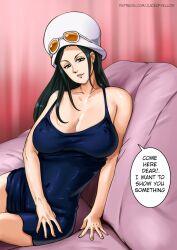 1girls alternate_version_available black_hair blue_eyes breasts cleavage dress dressrosa female female_only hat juiceofyellow large_breasts long_hair looking_at_viewer nico_robin nipples_visible_through_clothing one_piece see-through shiny_skin sitting smile solo speech_bubble sunglasses sunglasses_on_head text tight_clothing tight_dress