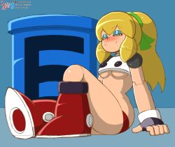 1girls android blonde_hair blush capcom long_hair mega_man mega_man(classic) naughty_face ponytail robot_girl roll solo thick_thighs zokuarts