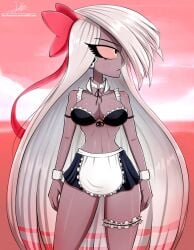 1girls bare_legs bare_shoulders breasts canon_lesbian cleavage clothing female female_only hazbin_hotel maid maid_uniform midriff solo solo_female the-butch-x vaggie_(hazbin_hotel) vivienne_medrano white_hair