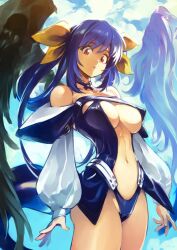 1girls angel_wings asymmetrical_wings bangs bare_shoulders belt blue_hair blue_sky breasts center_opening choker cleavage cloud detached_sleeves dizzy_(guilty_gear) eyebrows_visible_through_hair female guilty_gear hair_ribbon hair_rings large_breasts long_sleeves looking_at_viewer midriff navel optionaltypo puffy_long_sleeves puffy_sleeves red_eyes ribbon shaded_face sideboob signature sky solo tail thighs twintails underboob white_wings wings yellow_ribbon