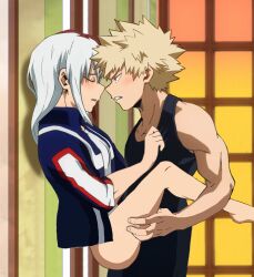 1boy 1girls against_wall beige_belt clothed clothed_sex female female_todoroki genderswap katsuki_bakugou male muscular my_hero_academia rule_63 sex shouto_todoroki spiky_hair stand_and_carry_position standing_sex tank_top two_tone_hair white_hair