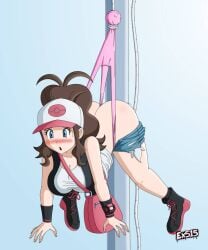 ass blue_eyes blush brown_hair female flagpole hanging_wedgie hilda_(pokemon) humiliation jean_shorts pink_panties pokemon pokemon_bw shorts stuck the_existentialist theexistentialist wedgie