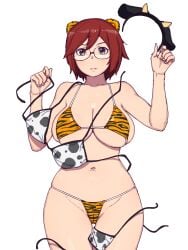 animal_ears animal_print bangs bikini black-framed_eyewear bob_cut breasts brown_eyes chinese_zodiac cleavage closed_mouth commentary cow_ears cow_horns cow_print cow_print_bikini cowboy_shot fake_animal_ears fake_horns female female female_focus glasses groin halterneck highres horns large_breasts light_frown looking_at_viewer micro_bikini navel new_year onsen_tamago_(hs_egg) original print_bikini red_hair short_hair simple_background skindentation solo standing string_bikini swimsuit thigh_gap tiger_ears tiger_print underboob untied untied_bikini white_background year_of_the_ox year_of_the_tiger