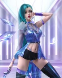 1girls 3d abs alternate_version_available armwear bare_midriff bare_thighs belly belly_button blue_eyes blue_hair choker female female_focus female_only highres k/da_all_out_seraphine k/da_all_out_series k/da_series league_of_legends midriff navel panties riot_games seraphine_(league_of_legends) short_skirt skirt small_breasts solo solo_focus therealzoh thighhighs thighs thong very_long_hair