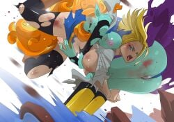 2girls alien android_18 blonde_hair blue_eyes breasts_out bruises dragon_ball dragon_ball_z fighting ginger milkeyquinn multiple_girls red_hair shounen_jump torn_clothes torn_thighhighs wrestling zangya