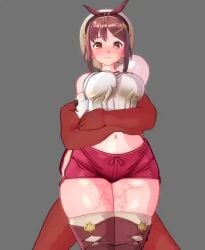 1boy 1girls 3d animated arms_up atelier_(series) atelier_ryza blush brown_hair clothed_female_nude_male dark-skinned_male dark_skin fat_thighs grey_background harimau_mmd2 hat huge_thighs interracial jiggle light-skinned_female light_skin mmd mp4 no_sound nude_male penis reisalin_stout short_hair simple_background thick_thighs thigh_fetish thigh_sex thighjob video wide_hips