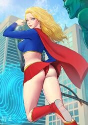 1boy 1girls ass big_ass crop_top dc dc_comics female fully_clothed kara_danvers kara_zor-el light-skinned_female looking_back mezzo_(orbanga21) microskirt panties pantyshot perky_breasts rear_view red_panties revealing_clothes supergirl thick_thighs upskirt