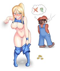 1boy 1girls abott95 after_sex angry blonde_hair blush casual_outfit_(metroid) cigarette crossover cum cum_in_pussy cum_inside cum_on_breasts dubious_consent green_eyes long_hair male mario mario_(series) metroid nintendo pants_down ponytail prostitution samus_aran shorts smoking straight super_smash_bros. unwanted_creampie unwanted_cumshot white_background