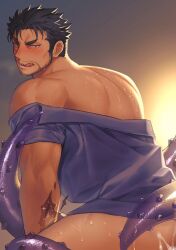 1boy back bara beard blush cum cum_on_ass dagon_(tokyo_afterschool_summoners) dark-skinned_male dark_skin facial_hair fish_boy hozu_(hozumi) long_sideburns male_focus male_only mature_male muscular muscular_male seductive_smile short_hair sideburns simple_background smile solo stubble sweat tentacle thick_eyebrows thighs tokyo_afterschool_summoners tongue tongue_out