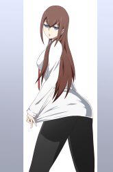 1girls blue_eyes blush happy lab_coat long_hair looking_back makise_kurisu mouth_open o_face pulling_coat red_hair scientist showing_off simple_background steins;gate teasing thick_ass thick_thighs tie turned_around ze_r0_ze_r0