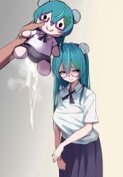 absurdres blue_hair character_doll commentary cum cumdrip doll english_commentary glasses hair_ornament highres indie_virtual_youtuber kuromikii_(vtuber) looking_to_the_side nervous_smile nervous_sweating simple_background smile sparkle_doll_meme stuffed_toy sweat uncommon_stimulation virtual_youtuber ye_(pixiv83975537)