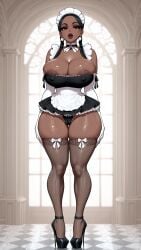 ai_generated areola areola_slip big_areola big_breasts big_eyes big_lips big_thighs bimbo_body black_and_white bow_ribbon breasts_bigger_than_head cameltoe cleavage dark-skinned_female dark_hair dark_nipples dark_skin elbow_gloves elegant fellatrix_(style) female female_only fit_female full_body gloves gorgeous high_heels hourglass_figure huge_breasts lewd maid maid_headdress maid_uniform mansion nipple_bulge overflowing_breasts panties pearl_earrings pigeon-toed pouting shiny_skin short_skirt slim_waist stockings tight_clothing twintails undersized_clothes underskirt wide_hips