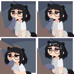 1boy 1girls 4koma adore_me_harai animated black_hair colored cum cum_in_mouth cum_on_face cum_on_hair fellatio glasses heart-shaped_pupils horns indie_virtual_youtuber itou_kaori_(vtuber) licking_penis penis petite progression short_hair skeb_commission sucking_tip virtual_youtuber