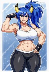 abs ai_generated big_ass big_breasts big_butt blue_eyes blue_hair bounty_ways female female_focus female_only horns leonie_c muscular muscular_female science_fiction side_ponytail tank_top tchickthick_thighs thick_legs