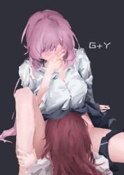 2girls black_panties black_skirt blush breasts clothes_lift commentary cunnilingus eden_(honkai_impact) elysia_(honkai_impact) g_plus_y highres honkai_(series) honkai_impact_3rd large_breasts long_hair multiple_girls oral panties panties_around_one_leg pink_hair shirt simple_background skirt skirt_lift underwear untranslatable_commentary very_long_hair white_shirt yuri