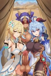 1futa 2girls ai_generated big_breasts breast_grab cheating dress ganyu_(genshin_impact) genshin_impact hoyoverse jeht_(genshin_impact) lumine_(genshin_impact) malicious_smile middle_finger mihoyo novelai pantiless user96gmg