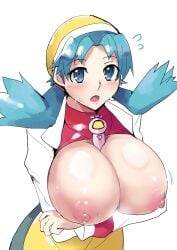 1girls beanie beanie_hat big_breasts blue_eyes blue_hair blush breast_focus breasts breasts_out female female_only game_freak holding_breast huge_breasts kris_(pokemon) large_breasts looking_at_viewer notice_lines object_between_breasts open_mouth pokegear pokemon pokemon_gsc red_shirt rice_grg shorts simulated_paizuri solo solo_female steam sweat