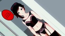1girl black_hair corset dialogue garter_belt koikatsu lingerie looking_at_viewer panties perfect_idiot ruby_rose rwby shirt_lift speech_bubble thighhighs