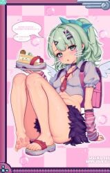 angels_of_delusion arm_support arm_warmers bandaid bandaid_hair_ornament bare_legs black_choker black_skirt blush breasts cake cake_slice choker cleavage commentary covered_erect_nipples cropped_shirt drawn_ears drawn_whiskers earrings english_commentary face_filter feet female food green_eyes green_hair hair_ornament heisei_retro highres holding holding_plate holding_sandals jewelry long_hair looking_at_viewer multicolored_arm_warmers multiple_hair_clips musical_note_earrings navel necktie one_side_up open_mouth pink_arm_warmers pink_bag pixel_art plate puffy_short_sleeves puffy_sleeves red_necktie sandals shirt shoes short_sleeves single_shoe sitting skirt small_breasts solo spread_toes striped_arm_warmers sunna_(zenless_zone_zero) sweat tears toes translated two-tone_arm_warmers uneven_bangs white_shirt white_wings winged_bag wings wmmzkl y2k_fashion zenless_zone_zero