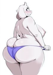 anthro areola ass big_ass big_breasts blush blush_lines breasts caprine chilisauce eyelashes female floppy_ears fur goat hi_res horn huge_breasts huge_butt lop_ears mammal navel nipples panties panties_only pink_areola pink_nipples purple_clothing purple_panties purple_underwear rear_view simple_background solo thick_thighs topless toriel undertale_(series) underwear underwear_only white_background white_body white_fur white_horn wide_hips