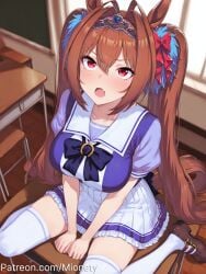 ai_generated animal_ears antenna_hair artist_name between_legs blurry blush bow bowtie breasts brown_footwear brown_hair chair chalkboard classroom collarbone daiwa_scarlet_(umamusume) dated desk dutch_angle female frilled_skirt frills hair_between_eyes hair_intakes hairbow hand_between_legs horse_ears horse_girl horse_tail horseshoe_ornament indoors large_breasts loafers long_hair looking_at_viewer miniskirt mionety oerba_yun_fang on_desk open_mouth pleated_skirt puffy_short_sleeves puffy_sleeves purple_bow purple_shirt red_eyes sailor_collar sailor_shirt school_chair school_desk school_uniform serafuku shirt shoes short_sleeves sitting skin_fang skirt solo summer_uniform tail thighhighs thighs tiara tracen_school_uniform twintails twitter_username umamusume v_arms very_long_hair wariza white_sailor_collar white_skirt white_thighhighs window zettai_ryouiki