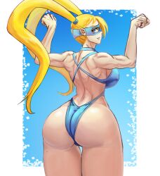 1girls ass back_view big_ass blonde_hair blue_eyes clothed dat_ass female female_only juiceofyellow long_hair looking_at_viewer looking_back muscular_arms muscular_female rainbow_mika skimpy smile solo street_fighter thick_thighs thigh_gap thunder_thighs twintails