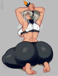 1girls arms_behind_head ass ass_focus ass_up backboob bea_(pokemon) big_breasts bottom_heavy bubble_butt dark-skinned_female dark_skin female female_focus female_only gray_hair grey_hair huge_ass human looking_at_viewer medium_breasts pokemon pokemon_ss short_hair simple_background solo solo_female solo_focus sportswear taigerarts thick_thighs tight_clothing wide_hips workout workout_clothes