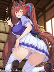 ;d ai_generated animal_ears artist_name ass black_bow blue_shirt blush bow breasts brown_footwear brown_hair couch daiwa_scarlet_(umamusume) female frilled_skirt frills from_behind hair_between_eyes hair_intakes hair_ornament hairbow hand_up horse_ears horse_girl horse_tail indoors kneeling large_breasts loafers long_hair looking_at_viewer looking_back miniskirt mionety notice_lines oerba_yun_fang one_eye_closed open_mouth panties pantyshot pleated_skirt puffy_short_sleeves puffy_sleeves purple_shirt red_eyes sailor_collar sailor_shirt school_uniform serafuku shirt shoes short_sleeves skirt smile solo summer_uniform tail thighhighs thighs tiara tracen_school_uniform twintails twitter_username umamusume underwear very_long_hair waving white_panties white_sailor_collar white_skirt white_thighhighs