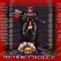 abuse ai_assisted ai_generated bad_end blood_drip blood_splatter defeated defeated_heroine erection female futanari game_over greyscaler holding_weapon imminent_death imminent_rape imminent_sex on_ground on_stomach penis ryona testicles