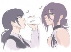 clothed clothes clothing confused confused_look drink drinking drinking_can female female_focus female_only ibimsjackyyy imminent_sex larger_female long_hair mitaka_asa reze_(chainsaw_man) short_hair shorter_female smaller_female suggestive suggestive_look taller_female yuri