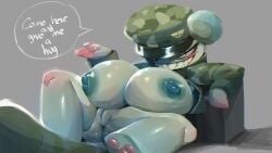 anthro areola bear bear_ears biped breasts clenched_teeth clothed clothing female flippy_(htf) fur genitals green_body green_fur happy_tree_friends hat headgear headwear hi_res looking_at_viewer lying mammal military_cap military_uniform nipples on_back partially_clothed pawpads pupils rule_63 sachsech205 sharp_eyes sharp_teeth simple_background slit_pupils smile smirk solo speech_bubble teeth uniform vulva