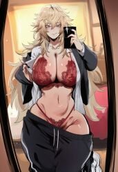 1girls ai_generated ass big_ass big_breasts blazer blonde_female blonde_hair blue_eyes breasts female ksyra ksyraarts long_hair nude nude_female phone phone_camera red_underwear shirt solo solo_female solo_focus