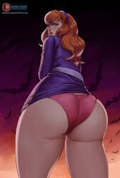 1girls ass ass_focus back_view big_ass daphne_blake female female_only green_eyes hairband hanna-barbera juiceofyellow large_ass lipstick long_hair looking_at_viewer looking_back open_mouth panties red_hair scooby-doo signature skirt_up solo text thick_thighs