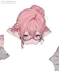 2girls blending blush camisole commentary cunnilingus earrings english_text female_pov glasses grey_sweater hand_on_another's_thigh highres jewelry long_hair looking_at_viewer multiple_girls negative_space_cunnilingus_(meme) oral patreon_username pink_eyes pink_hair pink_nails pov qiandaiyiyu semi-rimless_eyewear sweater tsukishiro_yanagi under-rim_eyewear white_camisole yuri zenless_zone_zero